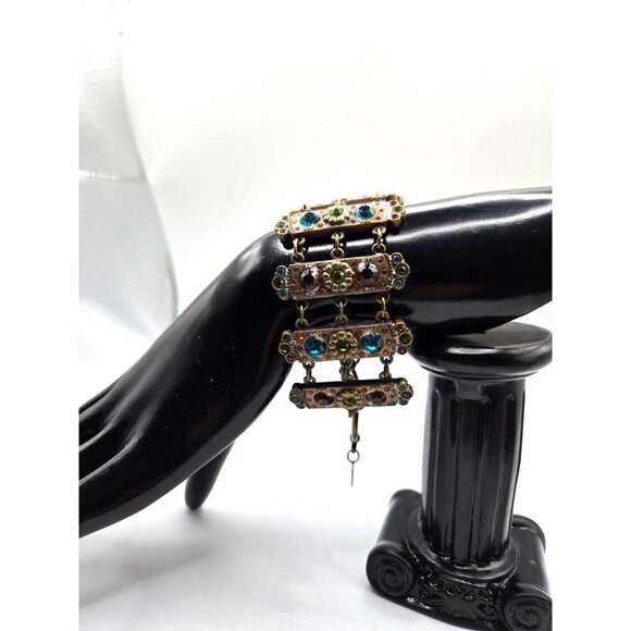 MYKA panel bracelet with multi color Swarovski crystals on bronze 7.5 inch - Picture 6 of 8